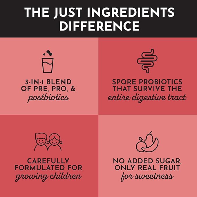 JUST INGREDIENTS Kids Probiotic Drink Mix - Fruit Punch Prebiotic &amp Postbiotic Gut &amp Immune Support