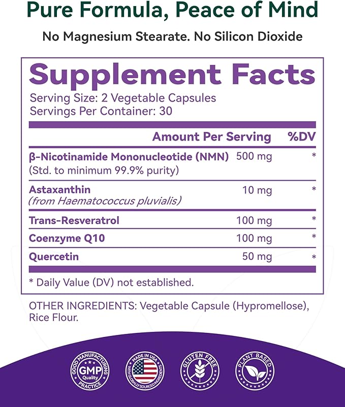 NMN Supplement 500mg 99.9% High Purity Supports NAD+ Levels &amp Cellular Energy 5-in-1 Formula with Resveratrol &amp Astaxanthin Non-GMO Gluten-Free 60 Capsules