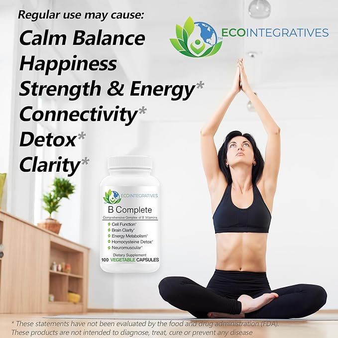 EcoIntegratives B Complete with Folate All Vitamins B1 B2 B3 B5 B6 B7 B9 B12 and Choline Bitartrate for EnergyBrain Clarity Neuro Metabolism Vegan 100 Capsules