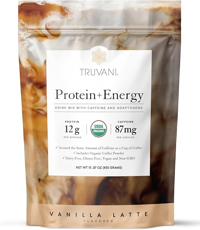 Truvani Protein + Energy Drink Mix with 87mg Caffeine | Vanilla Latte | 12g Organic Plant Based Protein | 20 Servings | USDA Organic Coffee Powder &amp Adaptogens | Gluten &amp Dairy Free | Vegan |