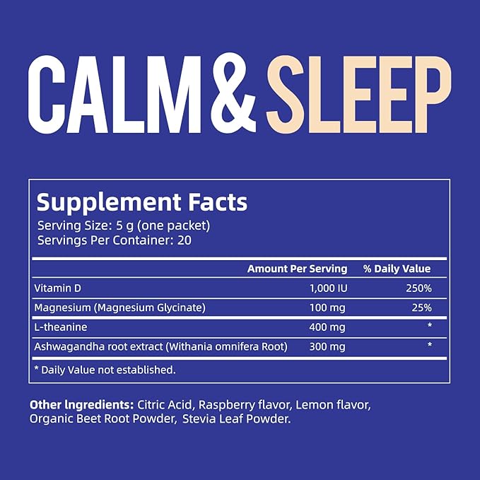 VivoNu Calm &amp Sleep Powdered Drink Mix Raspberry L Theanine Ksm-66 Ashwagandha Magnesium Glycinate Vitamin D 3 Supplements for Relaxation &amp Focus No Sugar Non GMO