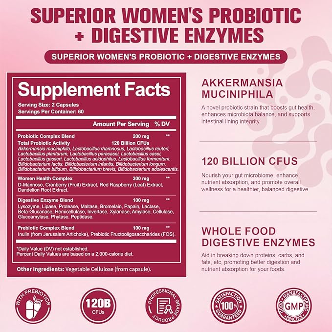 Totaria (2 Packs) Probiotics for Women 120 Billion Women Probiotic Digestive Enzymes &amp Prebiotics with Akkermansia Cranberry D-Mannose for Gut Urinary Immune PH Balance 240 Vegan Capules