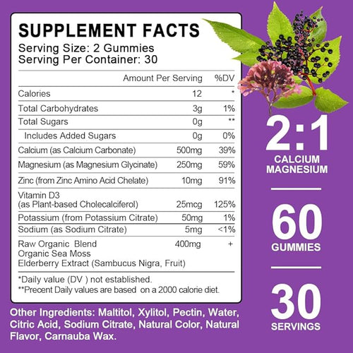 (2 Pack) Sugar Free Calcium Magnesium Zinc Gummies Calcium Magnesium 2:1 Contains Magnesium Glycinate Vitamin D3 Sea Moss for Bones Muscles Calm Mood &amp Sleep Support Vegan 120 Gummies