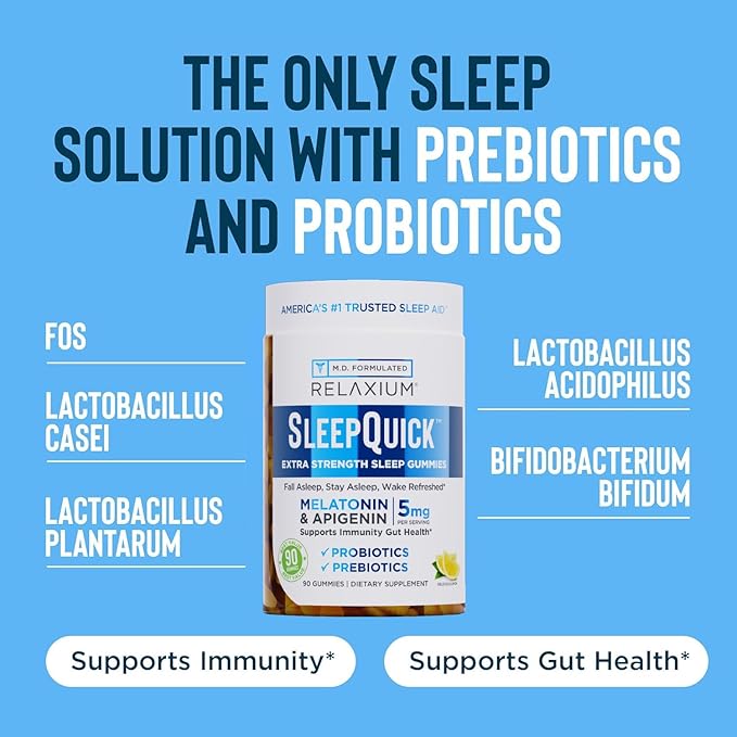 Relaxium SleepQuick Gummies - Sleep Aid + Gut Health &amp Immune Support 5mg Melatonin Vitamin D-3 + Prebiotic &amp Probiotic Blend Gluten &amp Drug Free Lemon Flavor 90 Gummies