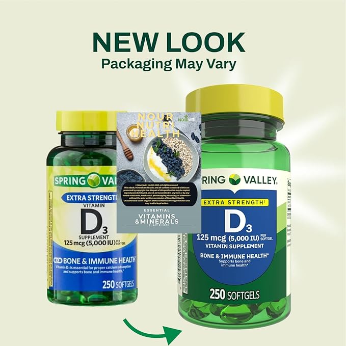 1 Pack Vitamin D3 Softgels Vitamin D3 125MCG 5000 IU 250 Count Includes +(Vitamin Guide)