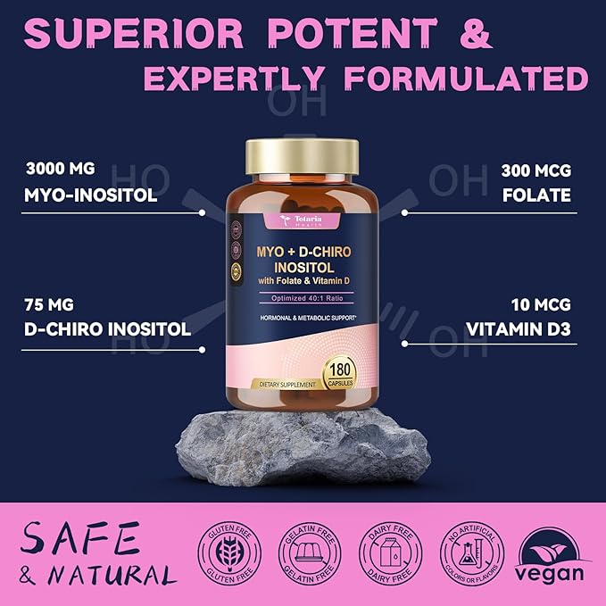 Totaria Inositol Supplement for Women with Vitamin D3 Folate 40:1 Ratio Myo-Inositol &amp D-Chiro Inositol Complex (Vitamin B8) Inositol Capsules 180 Capsules 60 Servings 2 Month Supply