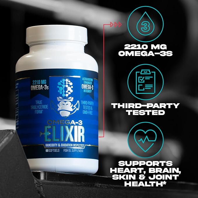 Gorilla Mind Omega-3 Elixir™ | 2210mg Fish Oil Re-Esterified Triglyceride Form | EPA DHA + 2 Fatty Acids | Astaxanthin Infusion for Bolstered Integrity | 3rd Party &amp Rancidity Tested | 60 Softgel