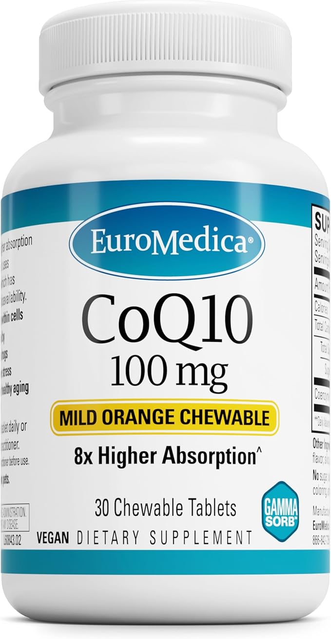 EuroMedica CoQ10 100 mg - Cellular Energy Support Supplement - Higher Absorption CoQ10 Chewable Supplement - Nutritional Supplement to Aid Healthy Aging &amp Brain Health - 30 Chewable Tablets