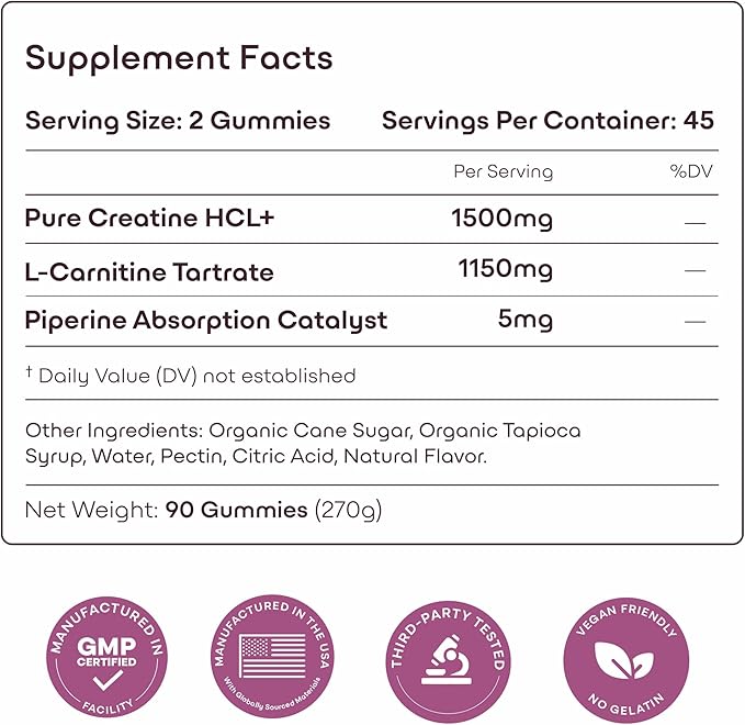 Creatine HCL+ 2000mg Female Performance Complex – Sugar-Free Vegan Raspberry Flavor – Chewable Gummies for Women 90 Count