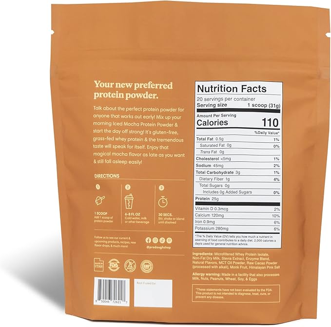 ProDough Gourmet Whey Isolate Hydrolized Protein Powder for Shake Mix- Easy Digest Enzyme Blend 25g Protein per Serving Natural Ingredients Gluten Free Keto Friendly (Iced Mocha)