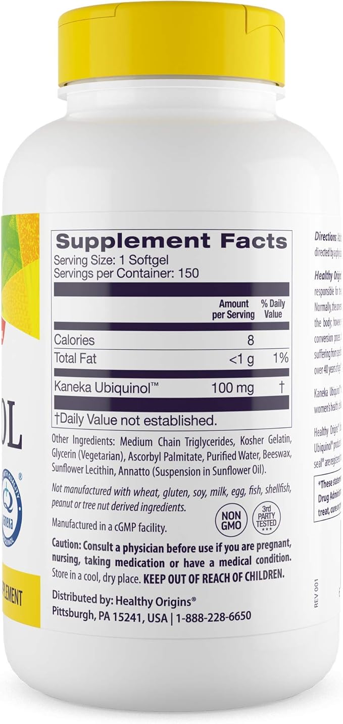 Healthy Origins Ubiquinol 100 mg (Kaneka QH Non-GMO Gluten Free Heart Support Energy Support) 150 Softgels
