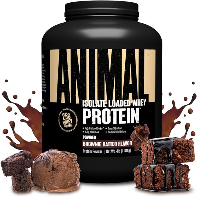 Animal Whey Isolate Protein Powder - Loaded for Pre &amp Post Workout Muscle Builder and Recovery with Digestive Enzymes for Men &amp Women - 25g Protein Great Taste Low Sugar - Brownie Batter 4 l