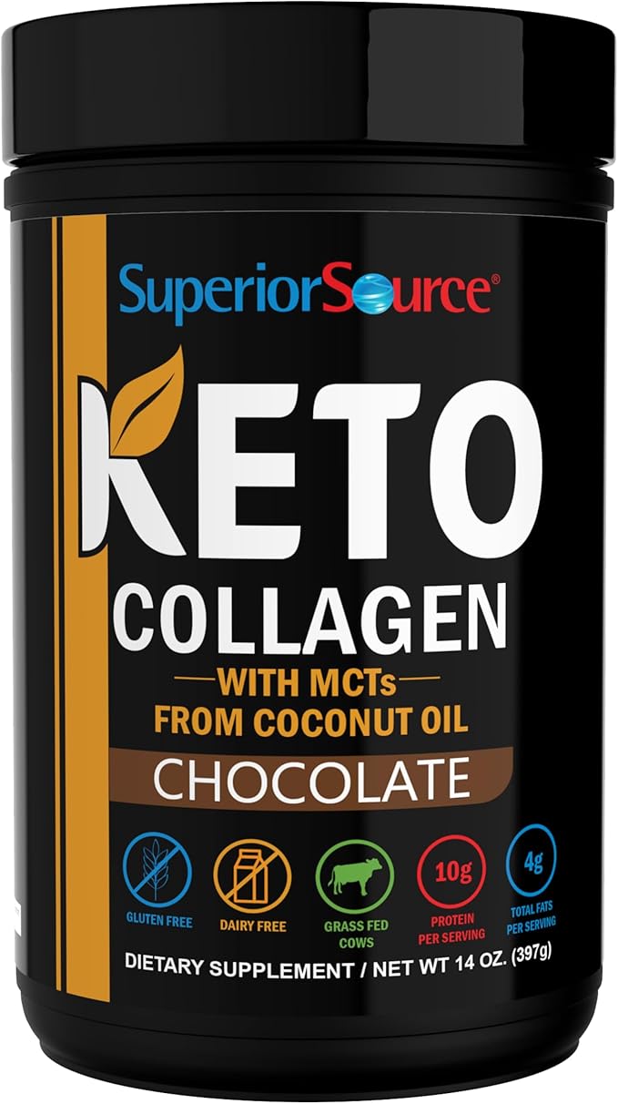 Superior Source Keto Collagen - Collagen Protein Powder with MCT Oil - Supports Hair Skin Nails &amp Joint Health - Dairy-Free - Chocolate 14 oz