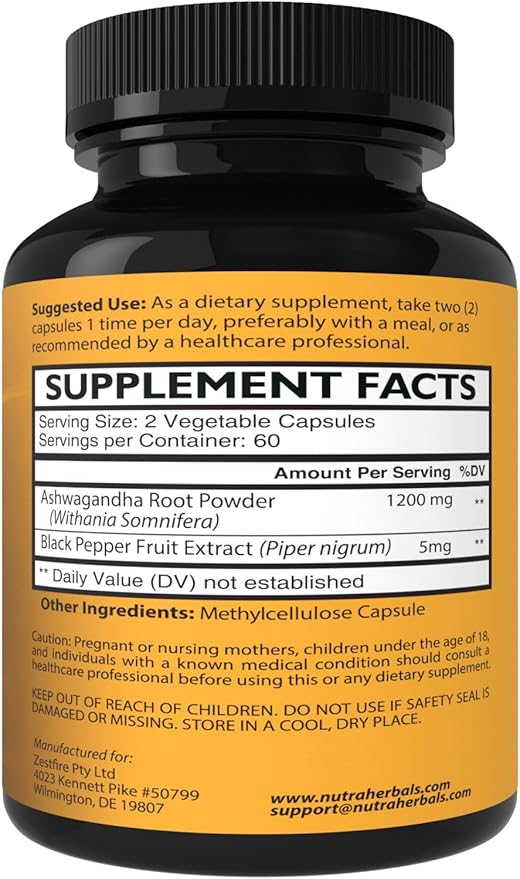 Ashwagandha Supplement Made with Premium Ashwaganda Root Powder 1200mg with Black Pepper Extract for Increased Absorption - 120 Capsules