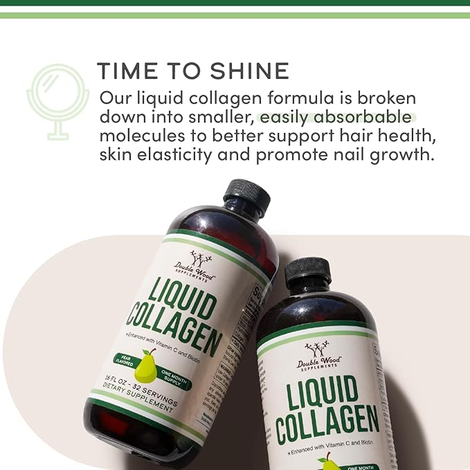 Double Wood Supplements Premium Liquid Collagen - 2500mg of Hydrolyzed Bovine Collagen (Type 1 3 and Grassfed) - 32 Servings - for Women and Men - 30 mcg of Biotin - Sugar Free Pear Flavor