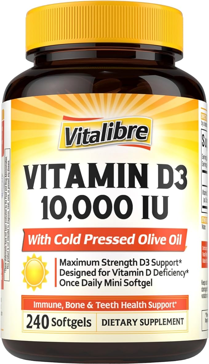 Maximum Strength Vitamin D3 10000 IU (250mcg) Highly Bioavailable with Cold Pressed Olive Oil Immune Bone &amp Teeth Health Support No Soy Sunshine Vitamin 240 Mini Softgels