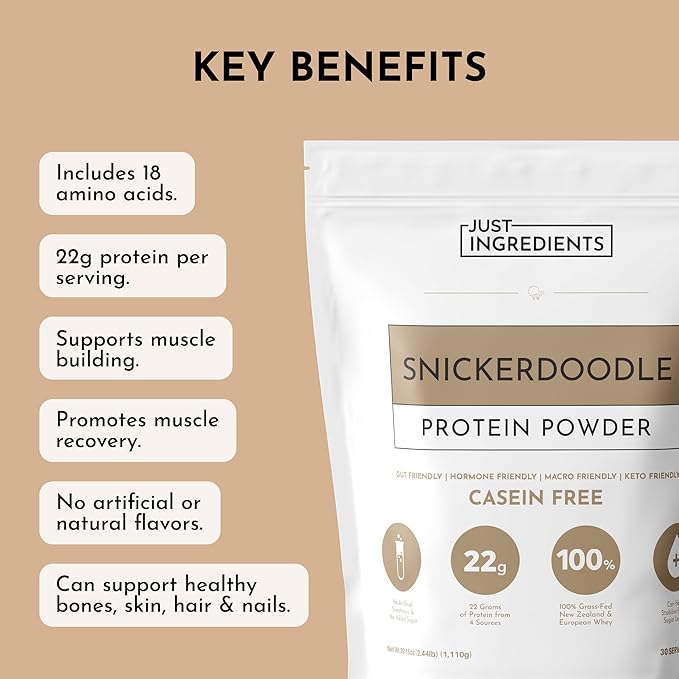 JUST INGREDIENTS Snickerdoodle Protein Powder - Grass-Fed Whey Plant Proteins Cinnamon Vanilla - 30 Servings