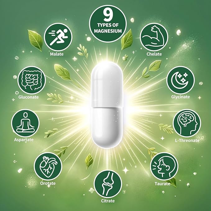 Magnesium Supplement with 9 Forms of High Absorption Magnesium Glycinate L-threonate Citrate Malate and More for Muscle Brain Support Non-GMO Gluten &amp Soy Free 60 Capsules