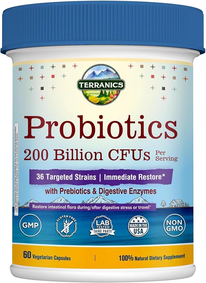 Terranics Daily Probiotics for Men &amp Women 200 Billion 36 Strains Immediate Restore Probiotics with Prebiotics &amp Enzymes Delayed Release Shelf Stable 60 Veggie Caps