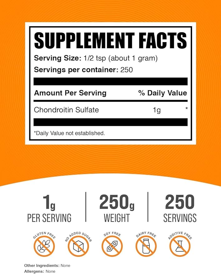 BulkSupplements.com Chondroitin Sulfate Powder - Chondroitin Sulfate Supplement for Joint Support - Gluten Free 1g per Serving 250g (8.8 oz) (Pack of 1)