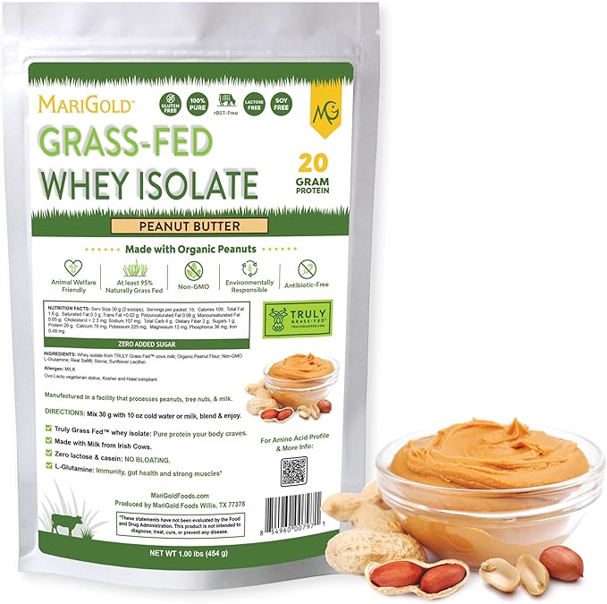 MariGold Grass-fed Whey Protein Isolate Powder - Peanut Butter Flavor - 1 Lb Bag | 100% Pure Cold-Processed Micro-Filtered Undenatured Non-GMO rBGH Free Soy Free Gluten Free Lactose Free