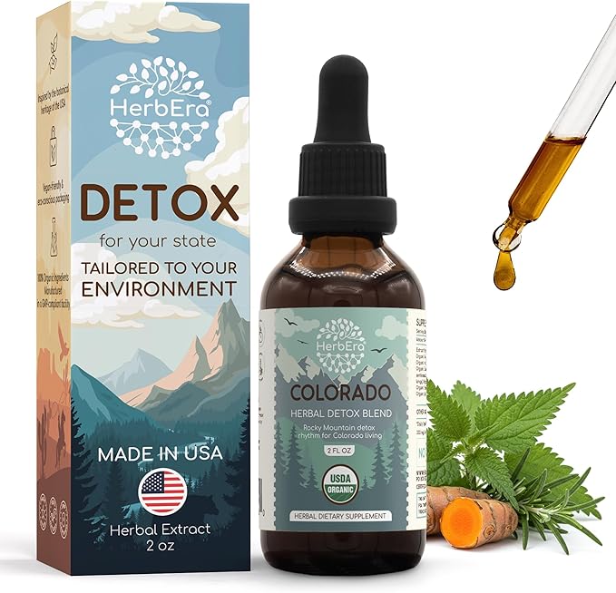 HerbEra Colorado Herbal Detox Blend - USDA Organic Extract Made in USA | Immune &amp Liver Support Liquid Drops | Dandelion Root Eleuthero Milk Thistle Turmeric Rosemary | 2 fl oz