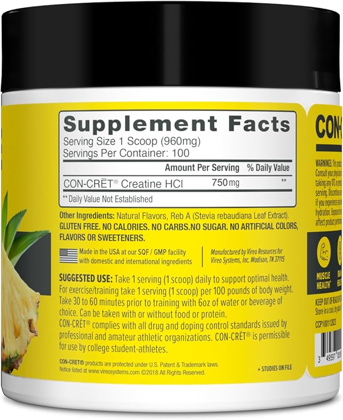 CON-CRET Creatine HCl Powder | Muscle Cognitive Cellular Energy Support | No Bloating or Cramps | USA Made &amp NSF Certified | Pineapple (100 Serving)