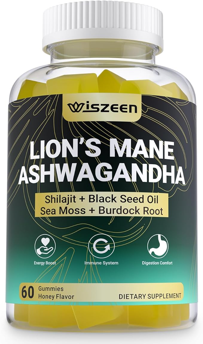 Ashwagandha Gummies - Lions Mane Gummies Ashwagandha Lion's Mane Supplement with Shilajit Sea Moss Black Seed Oil for Adults - Energy Cognitive &amp Immune Support