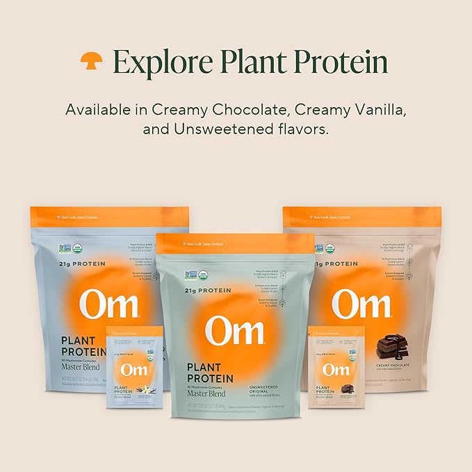 OM MUSHROOM SUPERFOOD Master Blend Vegan Protein – Organic Chocolate Plant Protein with 10 Mushrooms Ashwagandha BCAAs &amp B12 – Energy Recovery &amp Immune Support – 1.2 lb (16 Servings)