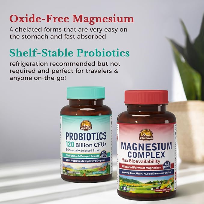 Vitalitown Magnesium + Probiotic Bundle (Pack of 2) | Magnesium Complex (Item 1) &amp Probiotics 120 Billion CFUs (Item 2) | 120 Magnesium Capsules &amp 30 Probiotic Capsules