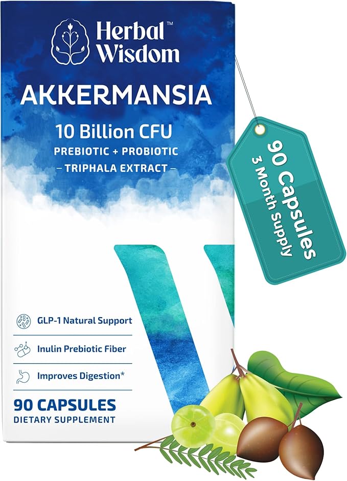 Akkermansia Probiotic 10 Billion CFU - Advanced GLP-1 Support Probiotic+Prebiotic | for Gut &amp Metabolism Support - No Bloating | with Inulin &amp Triphala | (90 Capsules - 3 Month Supply)