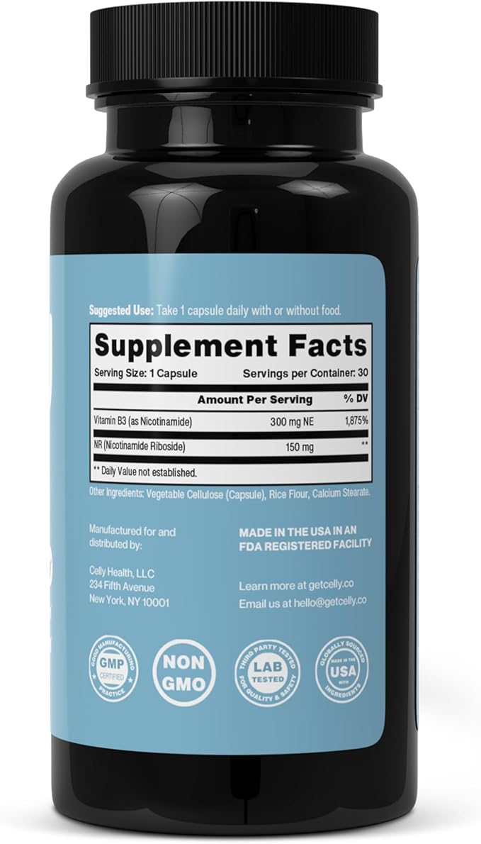 Celly NAD Booster | Longevity Supplement for Healthy Aging with NR (Nicotinamide Riboside) and Nicotinamide | Promotes Cell Function &amp Vitality | Non-GMO &amp 3rd Party Tested