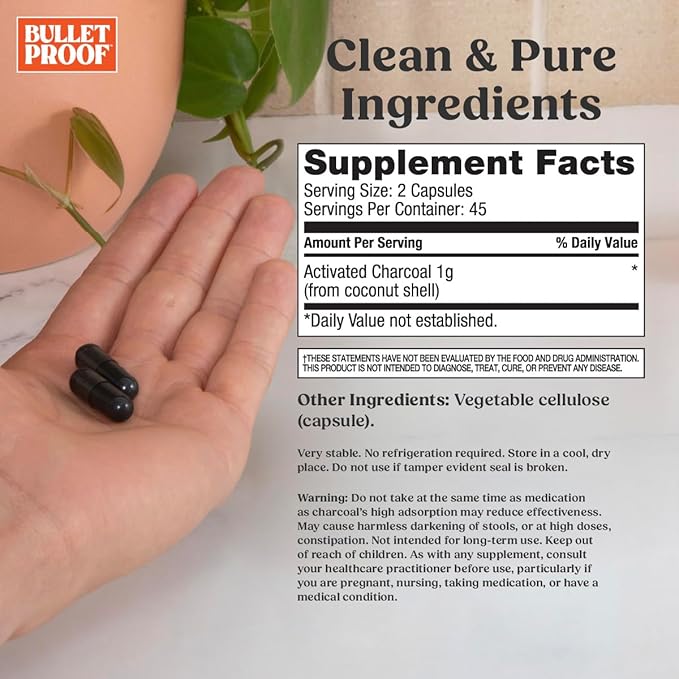 Bulletproof Coconut Charcoal Detox and Gas Relief Capsules 90 Count Sourced from 100% Coconut Shells Activated Charcoal for Bloating Support