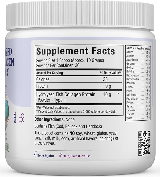 Maxi Health Collagen Peptides Powder – Type I Unflavored Marine Powder Collagen for Women &amp Men - Wild-Caught Protein Supplement for Joints Skin Hair &amp NailNails (10.75 oz)