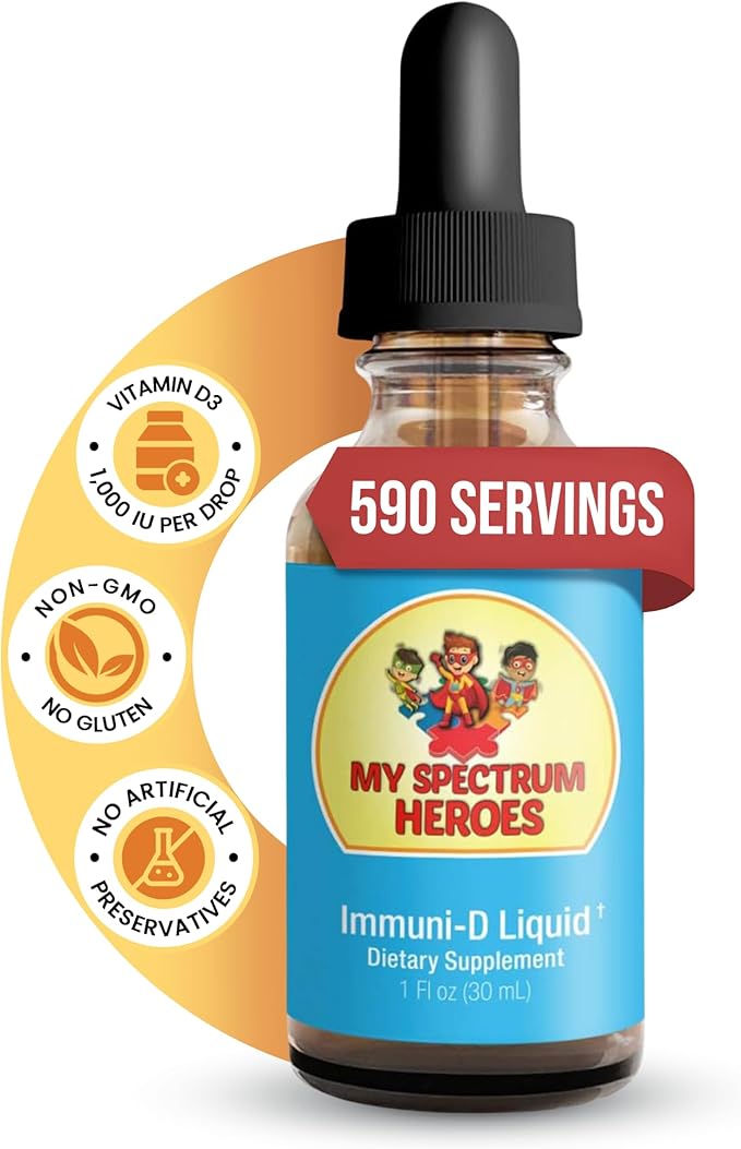 My Spectrum Heroes - Immuni-D Liquid Vitamin D3 Supplement 1000 IU Per Serving Gluten-Free Tasteless Vitamin Liquid Aids in Mineral Absorption for Kids &amp Adult - 1 FI oz (30 mL)