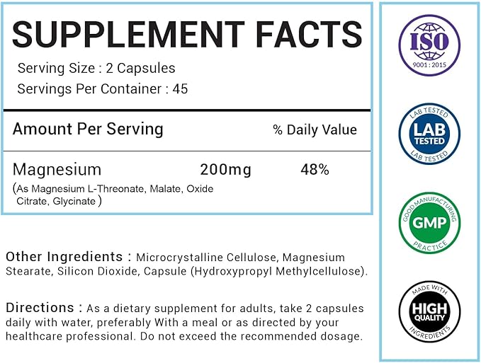 Magnesium Power+ 5-in-1 Magnesium Complex with L-Threonate for Brain Health &amp Focus | Glycinate Citrate Malate for Sleep Calm &amp Muscle Recovery | 200mg for Women and Men | 90 Veggie Capsule