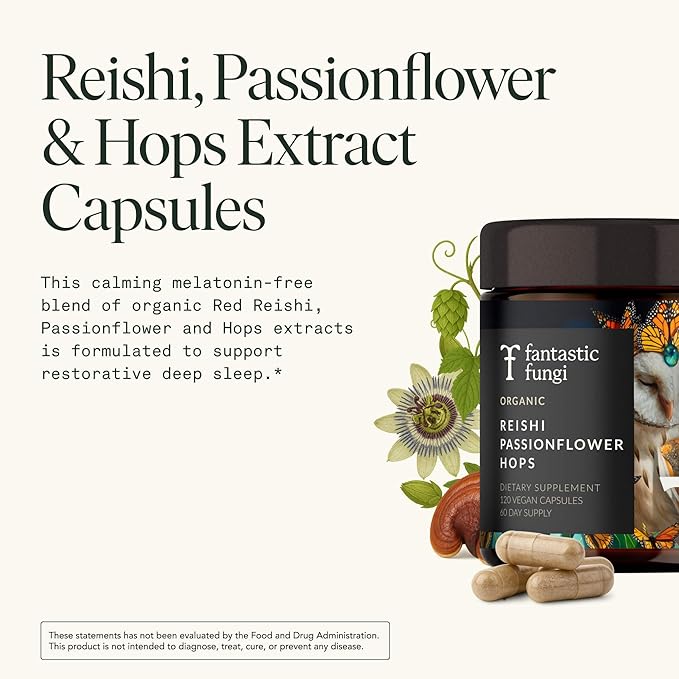 Fantastic Fungi Reishi Mushroom Capsules - Sleep Supplement for Adults with Red Reishi Mushroom Extract Passionflower &amp Hops - Adaptogenic 100% USDA Organic Complex Vegan 120 Caps (2-Month Sup