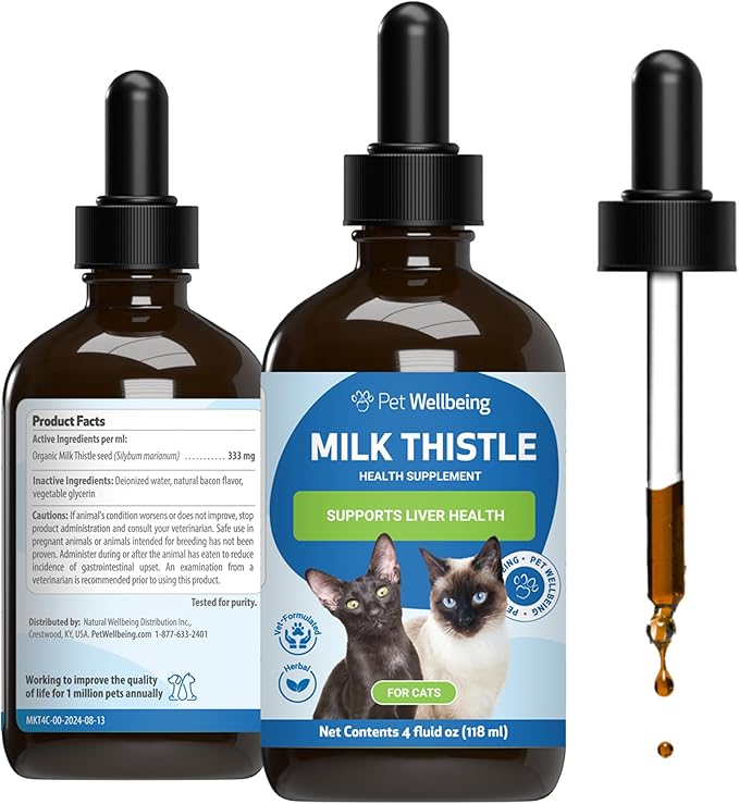 Pet Wellbeing Milk Thistle for Cats - Organic Herb Milk Thistle Liver Detox Support Antioxidants - NASC Certified &amp Vet-Formulated - 4 oz Liquid