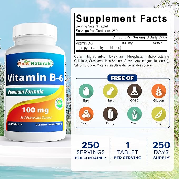 Best Naturals Vitamin B-6 100 mg 250 Tablets (Pack of 3)