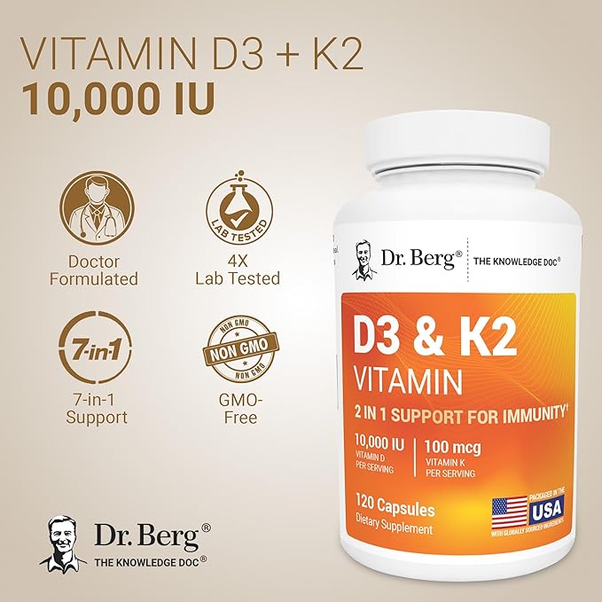 Dr. Berg Vitamin D3 &amp K2 10000 IU + MK-7 – 120 Capsules – Immune Bone &amp Heart Support* Supplement w/Magnesium Zinc B6 – 4X Lab-Tested – No Fillers – Non-GMO cGMP Formulated in USA