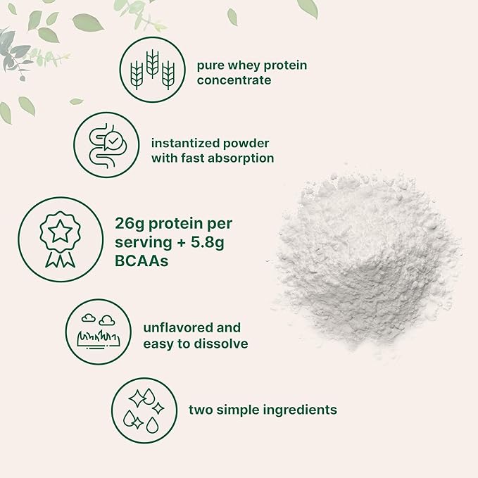 Instant Whey Protein Powder Concentrate 2lbs | Unflavored with Fast Absorption | 26g Protein Per Serving + 5.8g BCAAs | Great for Bars Shakes Smoothies Snacks or Coffee | Non-GMO Soy Free