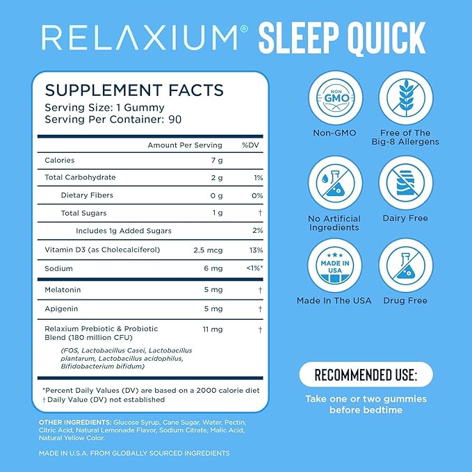 Relaxium SleepQuick Gummies - Sleep Aid + Gut Health &amp Immune Support 5mg Melatonin Vitamin D-3 + Prebiotic &amp Probiotic Blend Gluten &amp Drug Free Lemon Flavor 90 Gummies