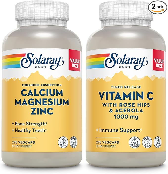 SOLARAY Calcium Magnesium Zinc and Timed Release Vitamin C - Bone Health Immune Support Bundle 1000mg Calcium 500mg Magnesium 1000mg Vitamin C Supplement Vegan 60-Day Guarantee 275 VegCaps Each
