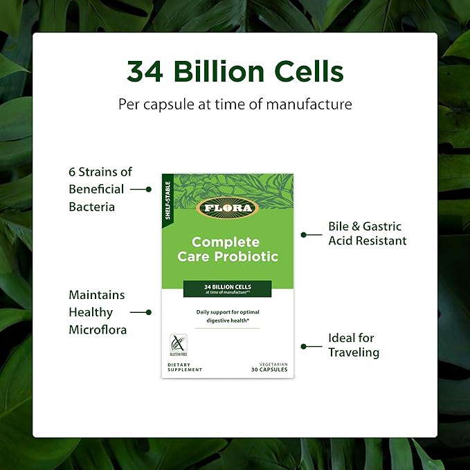 Flora - Complete Care Probiotic - 34 Billion Cells - Supports Immune &amp Digestive Health - Contains Lactobacillus Acidophilus &amp More - Gluten-Free &amp Non-GMO - 30 Vegetarian Capsules