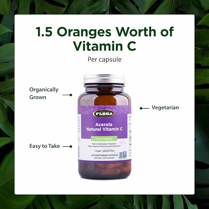Flora Health Acerola Natural Vitamin C Daily Immune Booster Gluten Free &amp Vegan Antioxidant Powder 120 Vegetarian Capsules Glass Bottle