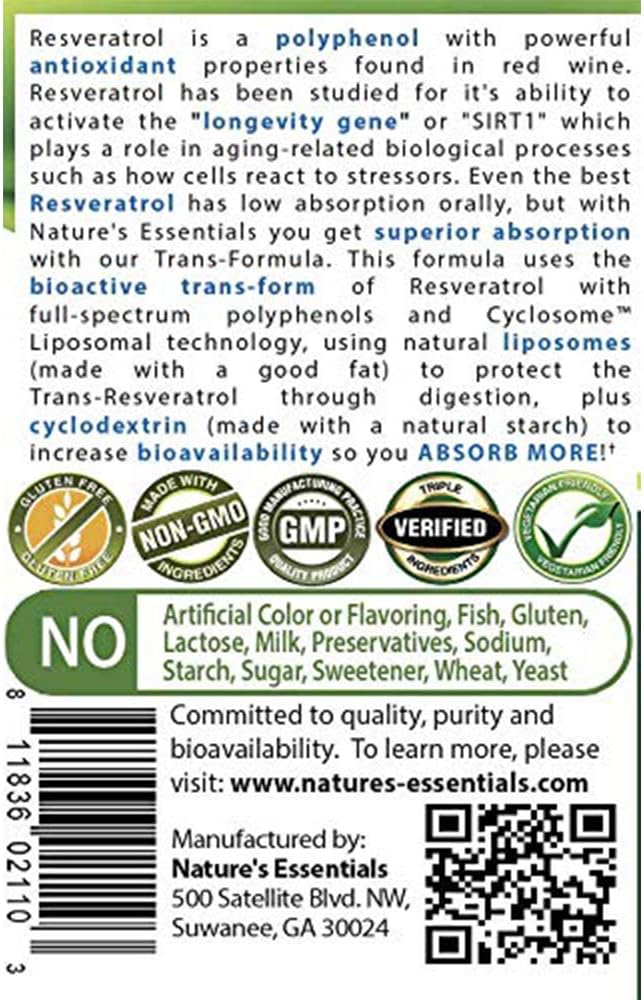 Nature's Essentials Resveratrol 500mg | Full Spectrum Trans-Resveratrol | Advanced Cyclosome Liposomal Delivery | Non-GMO Gluten Free Vegetarian | 90 Tablets