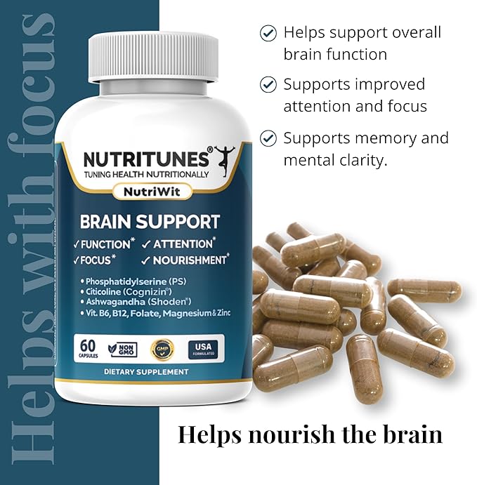 Brain Health Supplement–Memory Focus &amp Brain Nourishment Support with Cognizin Citicoline Phosphatidylserine Shoden Ashwagandha B Vitamins Magnesium &amp Zinc–60 NutriWit Capsules