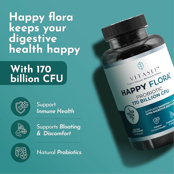 VITASEI Happy Flora Probiotic Supplement 170 Billion CFU for a Healthy Gut Health with enzymes for Digestion probiotics for Women and Men 1 Bottle - 60 Capsules