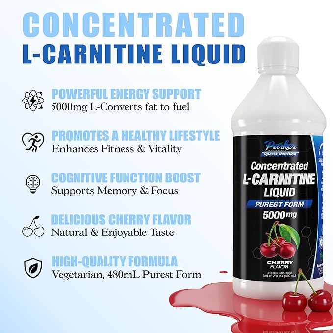 Parker Naturals Concentrated L-Carnitine Liquid 5000mg All Natural Cherry Flavored Supplement Liquid L-Carnitine with Vitamin V5 16.23 Fl. Oz