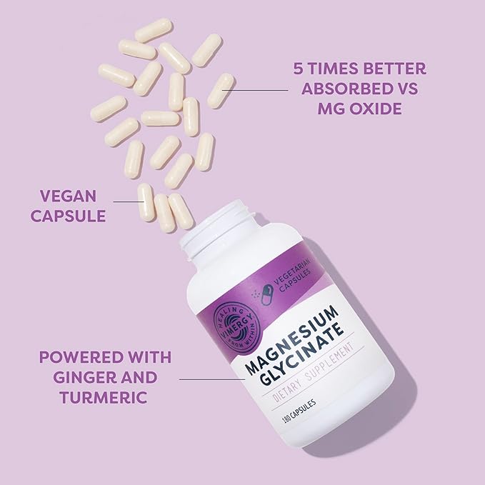 VIMERGY Magnesium Glycinate – Stress Support – Chelated to Avoid Tummy Upset*– Promotes Heart Health &amp Energy*– Kosher Vegan Gluten-Free – 180 Caps